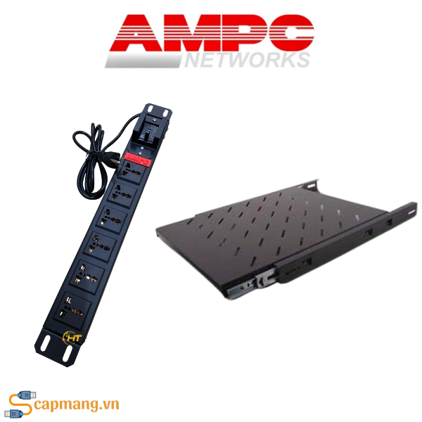 Phụ kiện tủ rack AMPC gồm: thanh nguồn, khay cố định, thanh xe tủ rack, ....