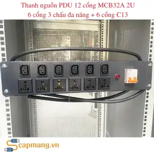 PDU 12 cổng đa năng và C13, MCB32A, chuẩn 19'', gồm 6 cổng 3 chấu đa năng & 6 cổng chuẩn C13, 250V, 2U, dây điện 3x2.5mm dài 1.5m.