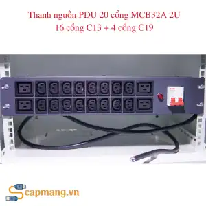 PDU 20 cổng C13 C19, MCB32A, chuẩn 19", 2U gồm 16 cổng C13 và 4 cổng C19, 250V, dây điện 3x2.5mm dài 1.5m.