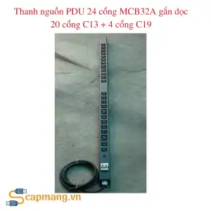 Thanh nguồn PDU 24 cổng C13 C19, MCB32A, gồm 20 cổng C13 và 4 cổng C19, 250V, gắn dọc tủ, dây điện 3x4mm dài 2m.