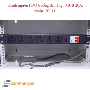 PDU 6 cổng đa năng MCB 20A, chuẩn 19", 1U, 250V,dây điện 3x2.5mm, dài 1.5m.