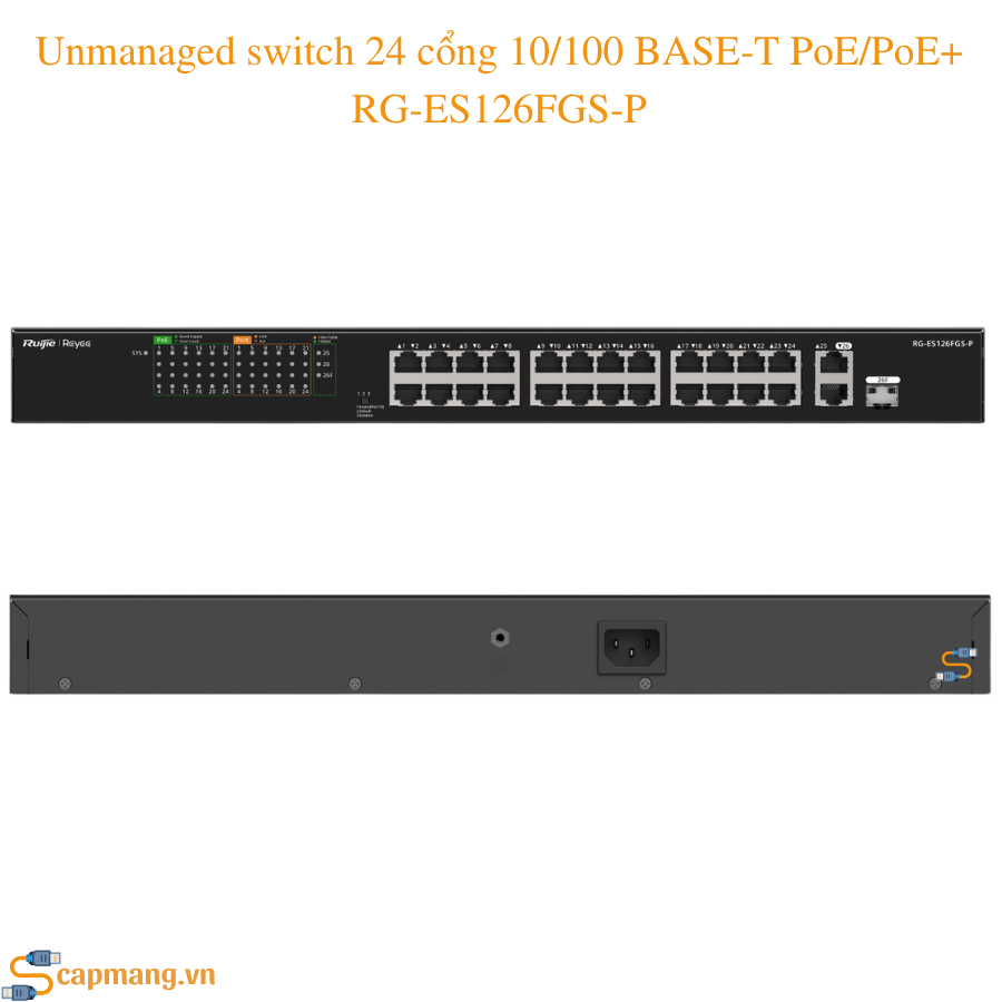 Unmanaged switch 24 cổng 10/100 BASE-T PoE/PoE+ RG-ES126FGS-P