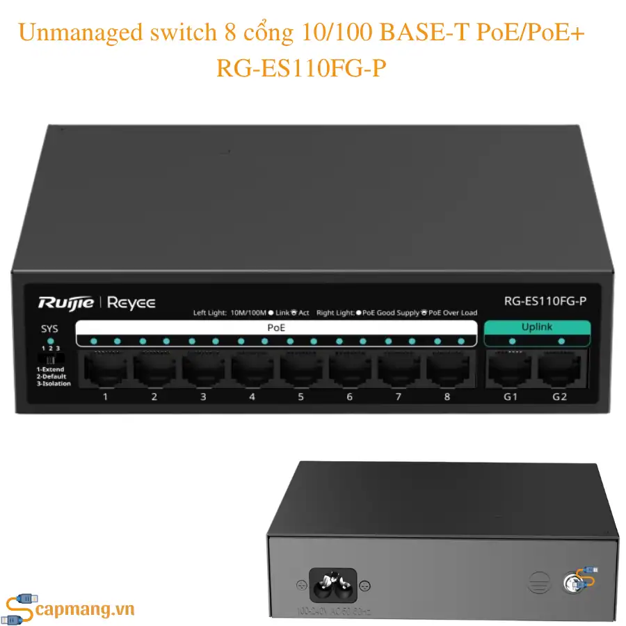 Unmanaged switch 8 cổng 10/100 BASE-T PoE/PoE+ RG-ES110FG-P